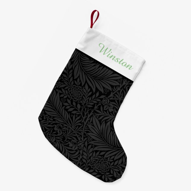 Custom Pet Name Black Floral Green Script  Small Christmas Stocking (Front (Hanging))