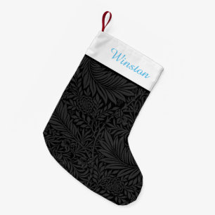 Custom Pet Name Black Floral Sky Blue Script Small Christmas Stocking