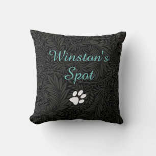 Custom Pet Name Black Floral Teal Script Cushion