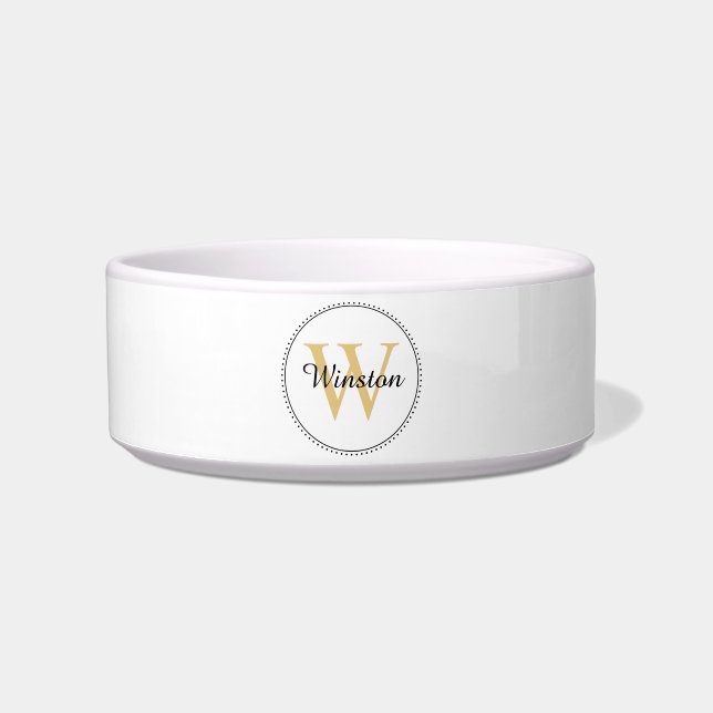Custom Pet Name Gold Monogram White Pet Bowl (Front)
