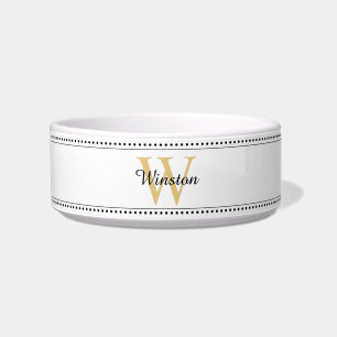 Custom Pet Name Gold Monogram White Pet Bowl