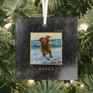 Custom Pet Name Photo Black Botanical Glass Tree Decoration