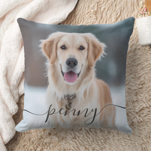 Custom Pet Name Photo Elegant Script Dog Cushion (Blanket)