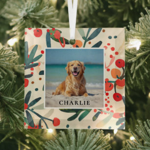 Custom Pet Name Photo Holly Berries Holiday Glass Tree Decoration