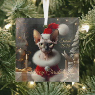 Custom Pet Name Photo Sphynx Cat Christmas 2026 Glass Tree Decoration