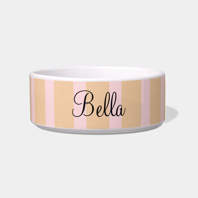 Custom Pet Name Pink Peach Taffy Stripes Bowl (Front)