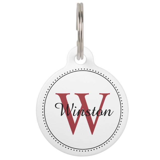 Custom Pet Name Red Monogram White Tag (Front)