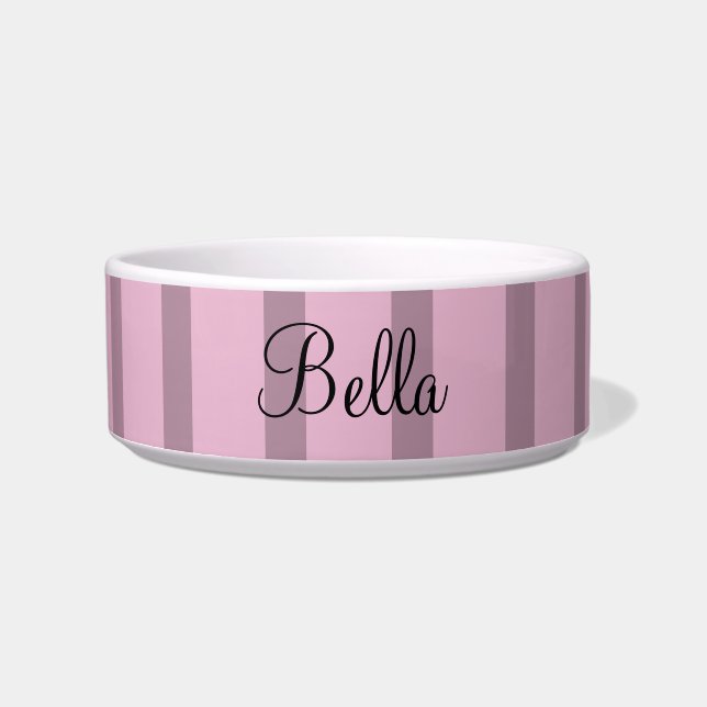 Custom Pet Name Rose Pink Mauve Stripes Bowl (Front)