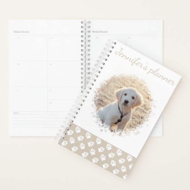 Custom Pet Photo And Beige & White Paws With Text Planner (Display)