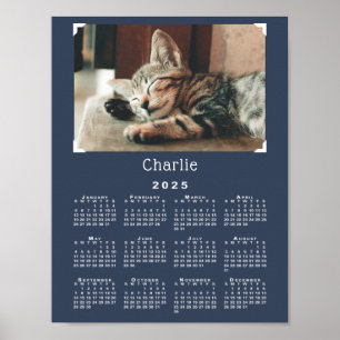 Custom Pet Photo and Name 2025 Calendar Navy Blue Poster