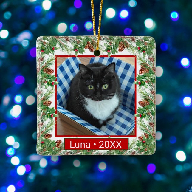Custom Pet Photo and Name Holly Leaves & Berries Ceramic Ornament (Creator Uploaded)