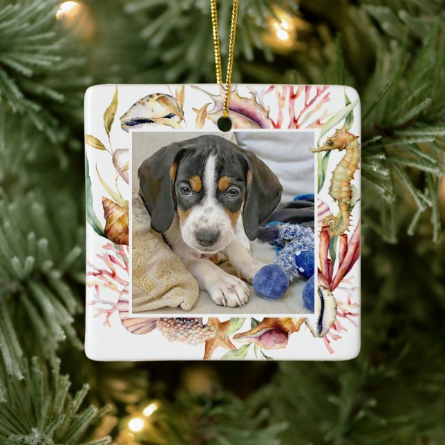 Custom Pet Photo Beach Christmas Ceramic Ornament (Tree)