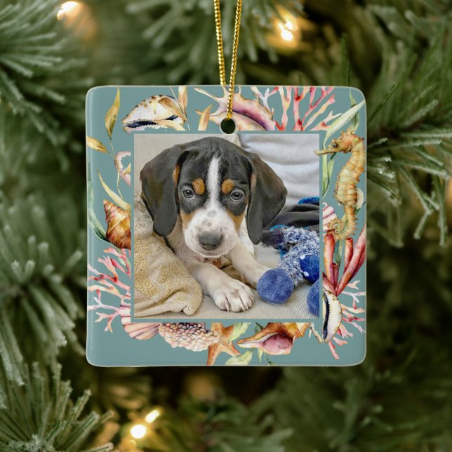 Custom Pet Photo Beach Christmas Ceramic Ornament (Tree)