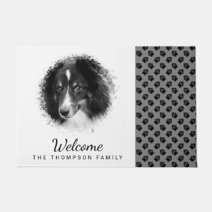 Custom Pet Photo & Black Paws On Grey & Your Text Doormat