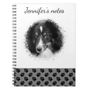 Custom Pet Photo & Black Paws On Grey & Your Text Notebook