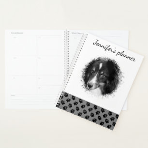 Custom Pet Photo & Black Paws On Grey & Your Text Planner