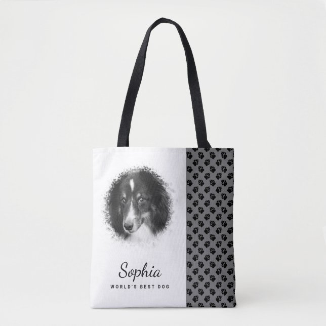 Custom Pet Photo & Black Paws On Grey & Your Text Tote Bag (Front)