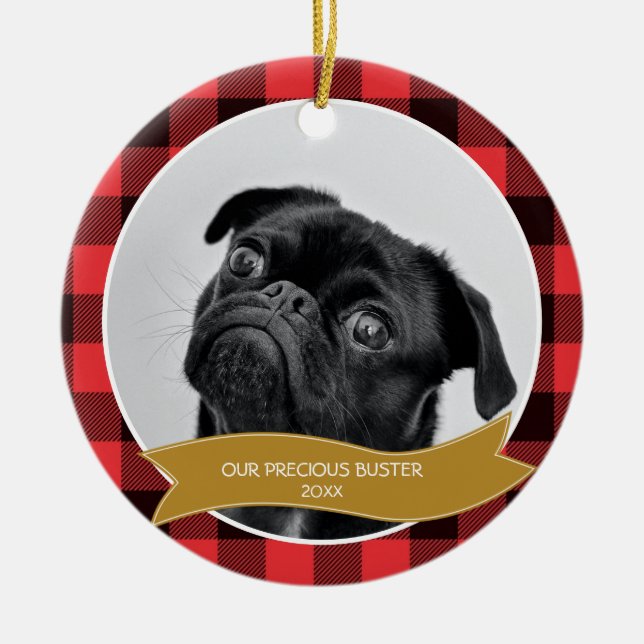 Custom Pet Photo Buffalo Plaid Christmas Ornament (Front)