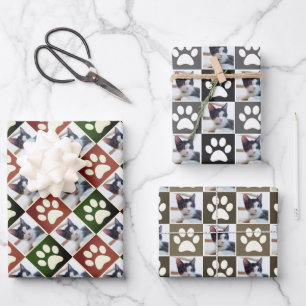 Custom Pet Photo Cat and Dog Paw Print Pattern Wrapping Paper Sheet