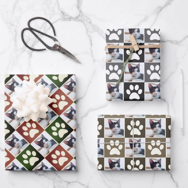 Custom Pet Photo Cat and Dog Paw Print Pattern Wrapping Paper Sheet (Front)