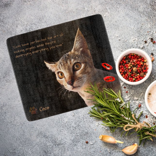 Custom Pet Photo Cat Dog with Name Quote Template Cutting Board (Custom cat photo template glass cutting board)