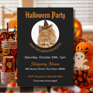 Custom Pet Photo Cat Lover Orange Black Halloween Invitation