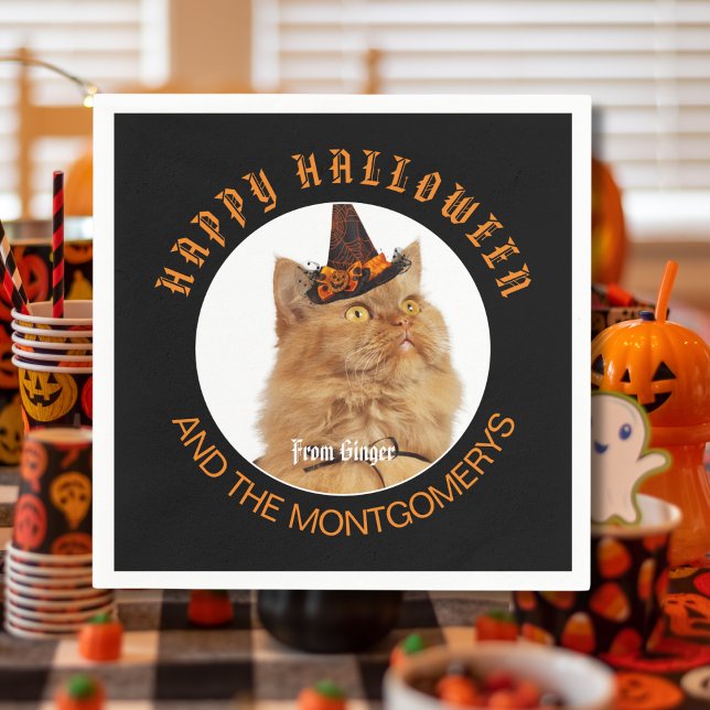 Custom Pet Photo Cat Lover Orange Black Halloween Napkin (Creator Uploaded)