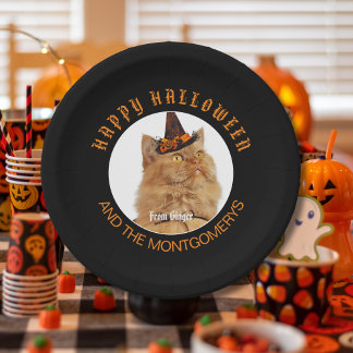 Custom Pet Photo Cat Lover Orange Black Halloween Paper Plate