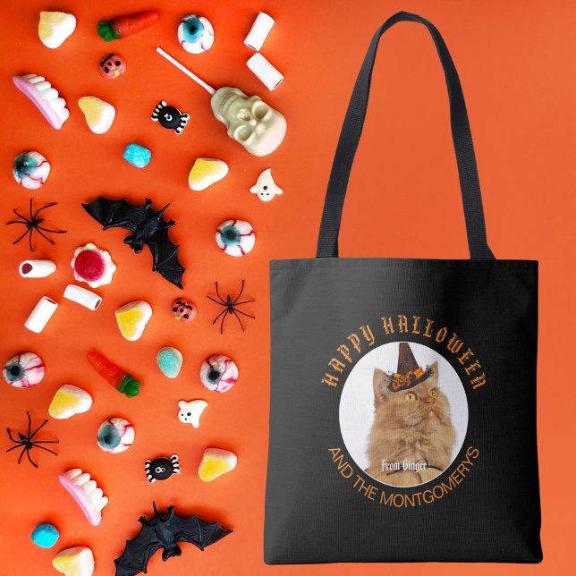 Custom Pet Photo Cat Lover Trick Treat Halloween Tote Bag (Creator Uploaded)