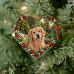 Custom Pet Photo Christmas Holly Wreath Ceramic Tree Decoration