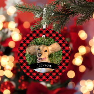 Custom Pet Photo Christmas Red Plaid Ceramic Ornam Ornament