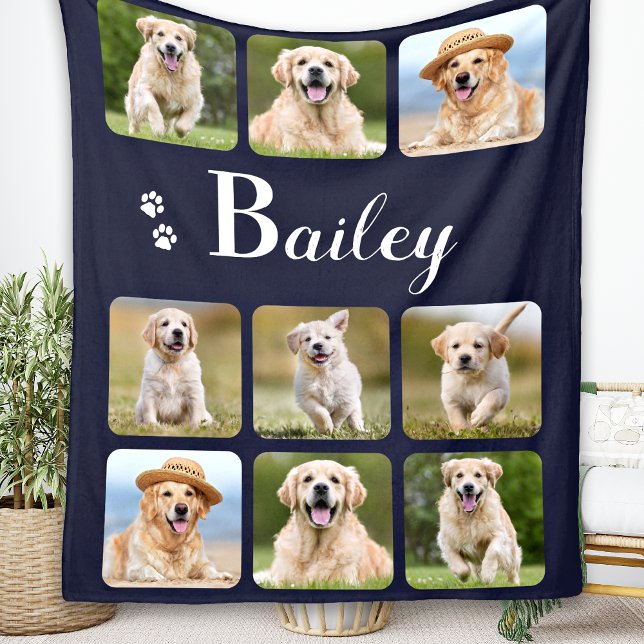 Custom Pet Photo Collage Monogram Name Dog Lover  Fleece Blanket (Creator Uploaded)