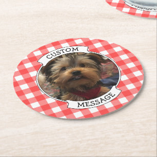 Custom Pet Photo Country Red Buffalo Check Plaid Round Paper Coaster