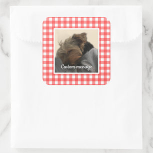 Custom Pet Photo Country Red Buffalo Check Plaid Square Sticker