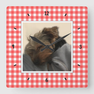 Custom Pet Photo Country Red Buffalo Check Plaid Square Wall Clock
