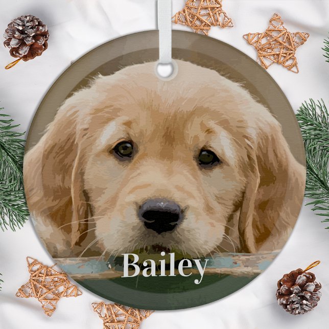 Custom Pet Photo Dog Lover Modern Simple  Keepsake Glass Tree Decoration (Creator Uploaded)