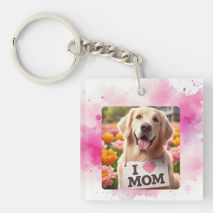 Custom Pet Photo Dog Mum Pink Watercolor Keychain