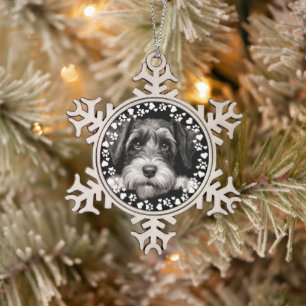 Custom Pet Photo Dog Paw Prints in Hearts Frame Snowflake Pewter Christmas Ornament