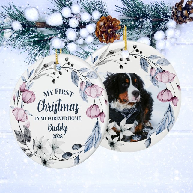 Custom Pet Photo Elegant Floral Christmas Ceramic Tree Decoration (Creator Uploaded)