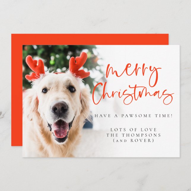 Custom Pet Photo Elegant Script Merry Christmas Holiday Card (Front/Back)