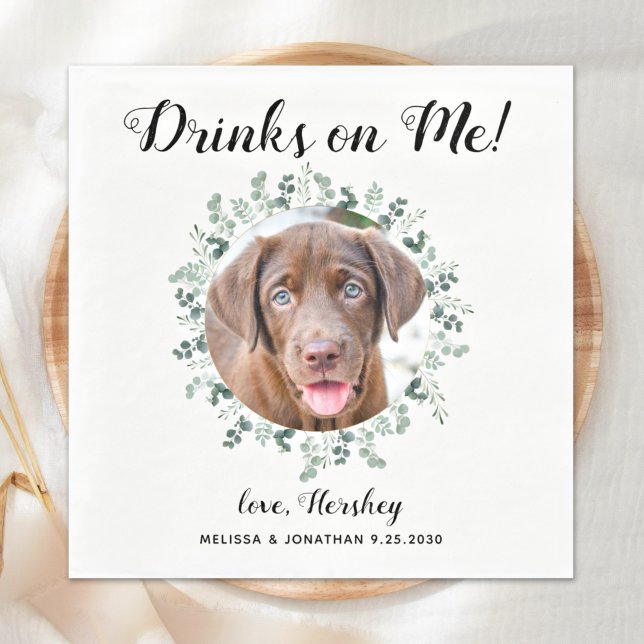 Custom Pet Photo Eucalyptus Open Bar Dog Wedding  Napkin (Creator Uploaded)
