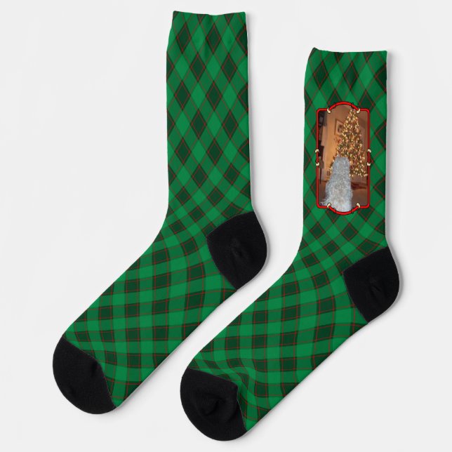 Custom Pet Photo Frame Red Green Plaid Christmas Socks (Left)