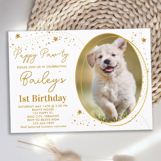 Custom Pet Photo Gold Stars Puppy Dog Birthday Invitation (Creator Uploaded)