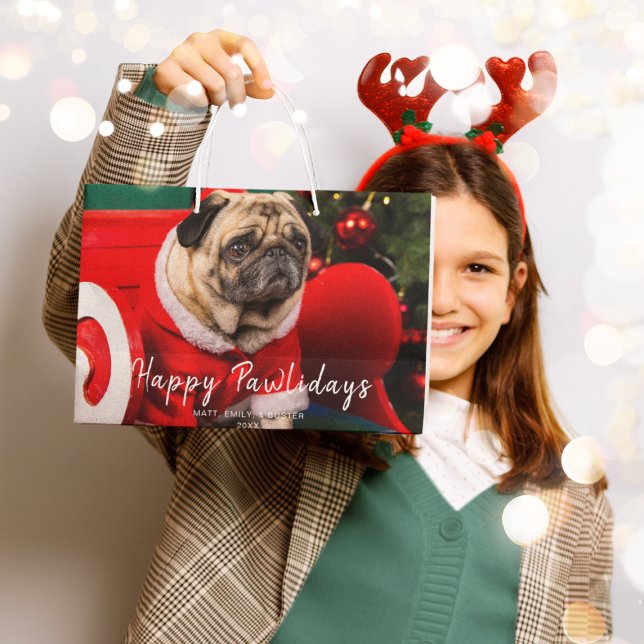 Custom Pet Photo l Cute Dog Happy Pawlidays  Large Gift Bag (Creator Uploaded)