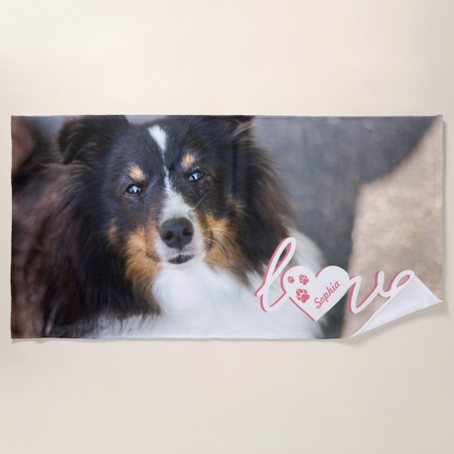 Custom Pet Photo & Love Text With Paws & Name Beach Towel (Front)