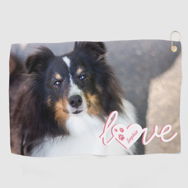 Custom Pet Photo & Love Text With Paws & Name Golf Towel (Horizontal)