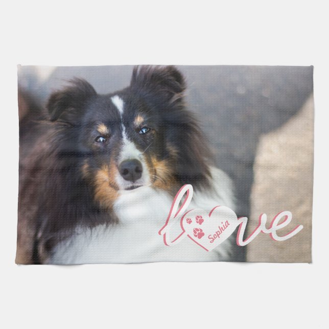 Custom Pet Photo & Love Text With Paws & Name Tea Towel (Horizontal)