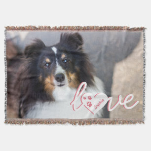 Custom Pet Photo & Love Text With Paws & Name Throw Blanket
