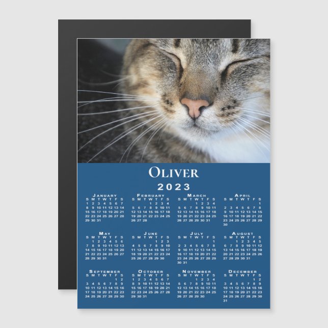 Custom Pet Photo Name 2023 Calendar Blue Magnet (Front/Back)