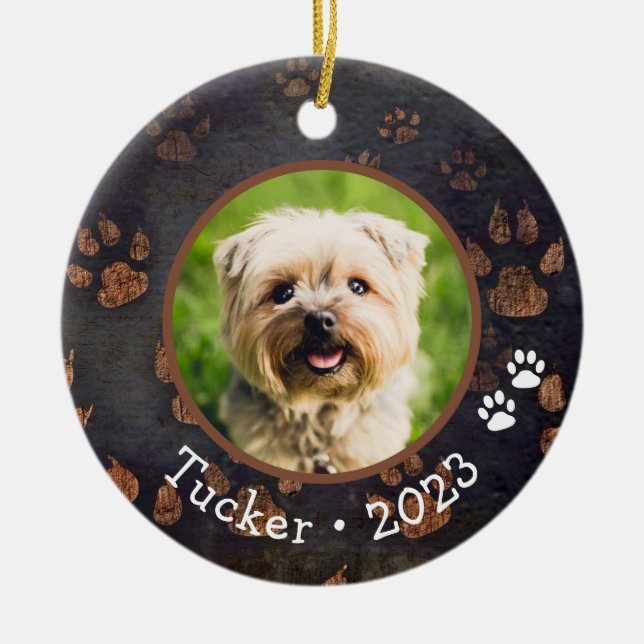 Custom Pet Photo Name Year Ceramic Ornament (Front)